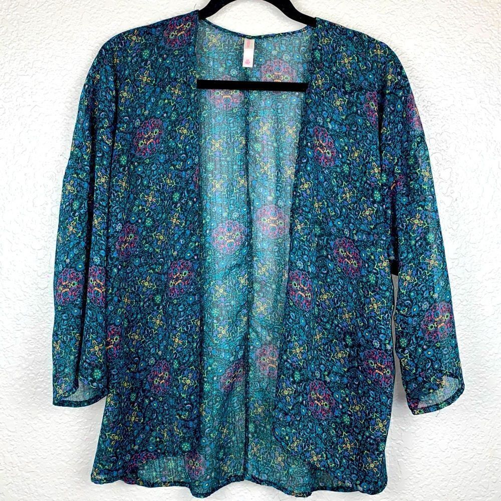 Xhilaration Womens Floral Print Open Front 3/4 Sleeve Kimono Cardigan Blue XS